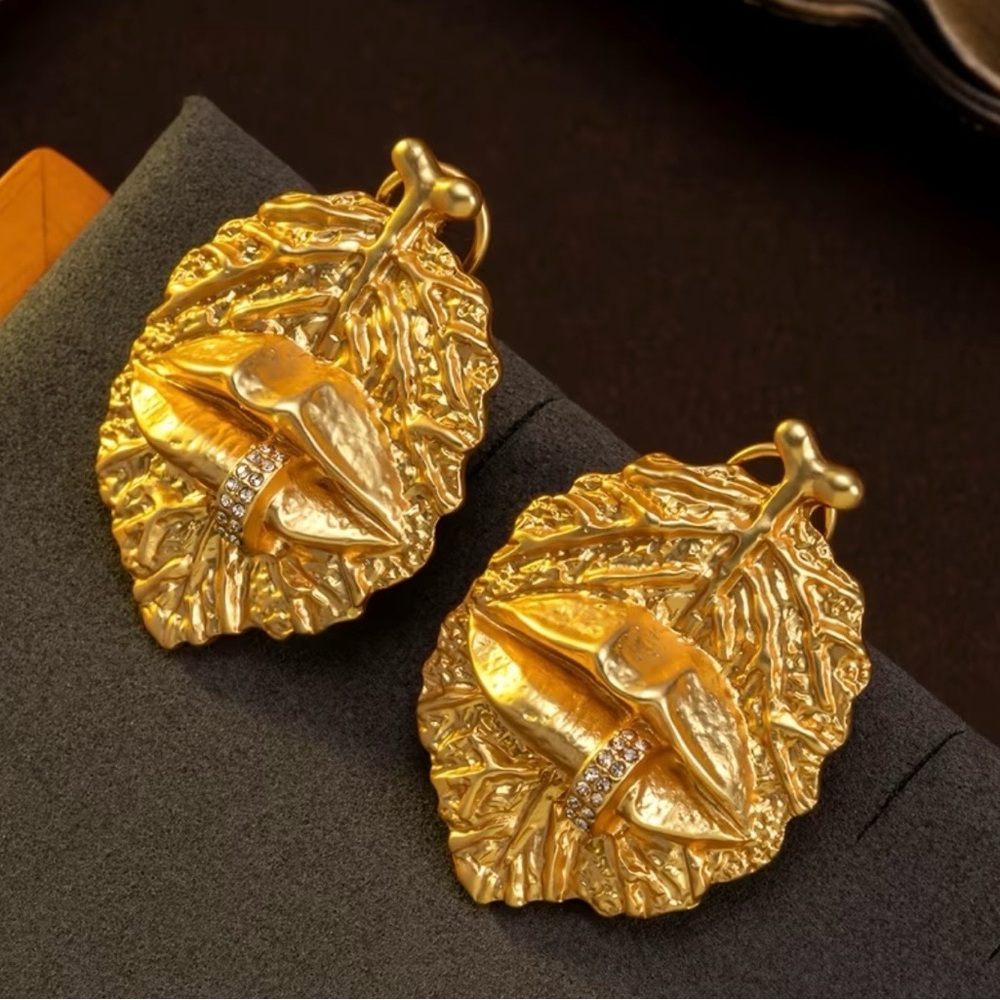 Schiaparelli Inspired Gold Leaf with lip design Earrings